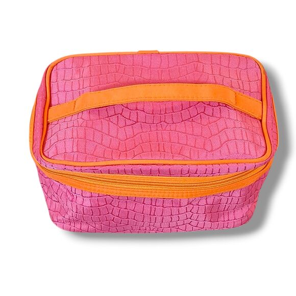 Lancôme Pink Canvas Makeup Train Case Faux Crocodile Pattern 8.5 x 5 x 5 Inch - Picture 9 of 9
